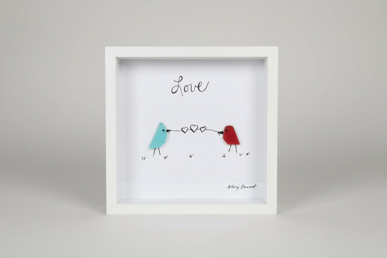 Seaglass Love Birds Wood Shadow Box