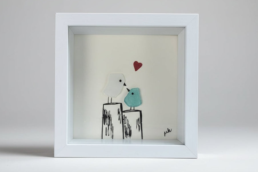 Seaglass Shadow Boxes - Two Love Birds - 5x5 