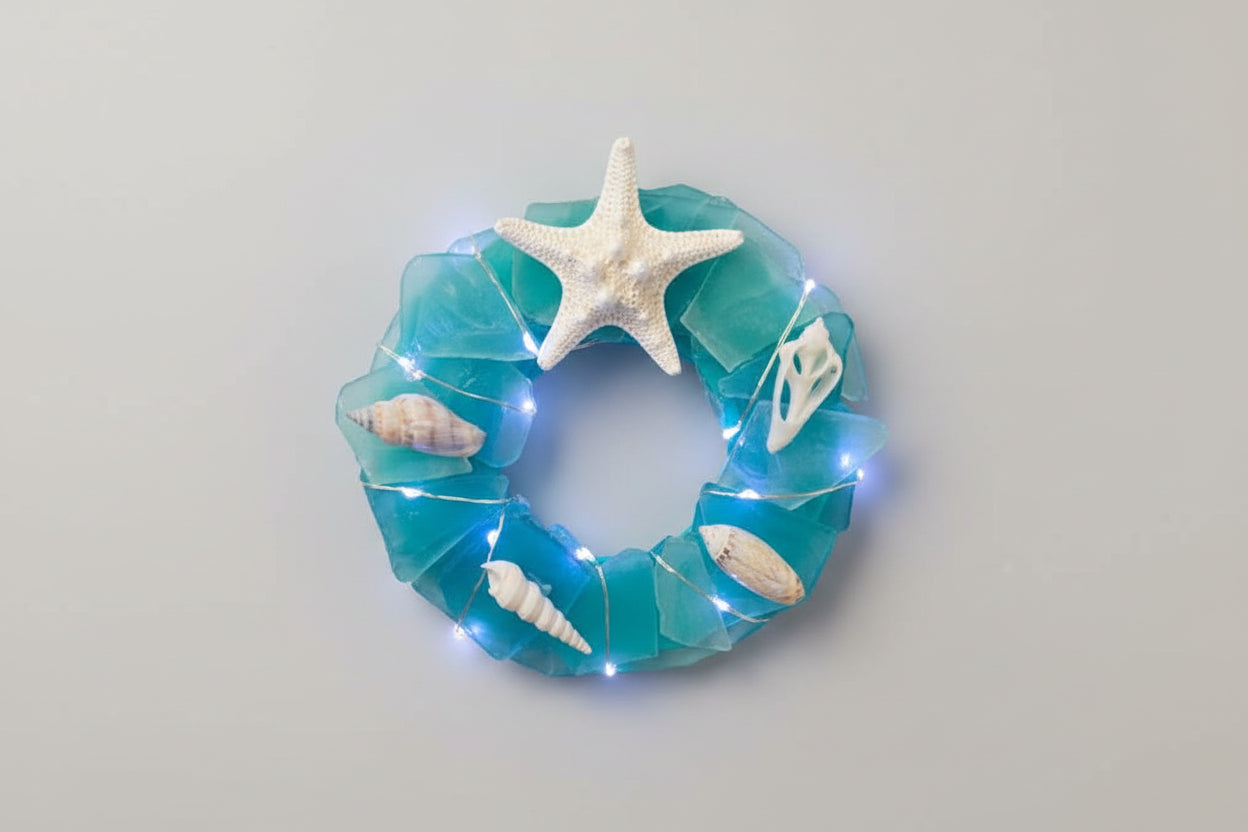 Seaglass light up Christmas wreath 