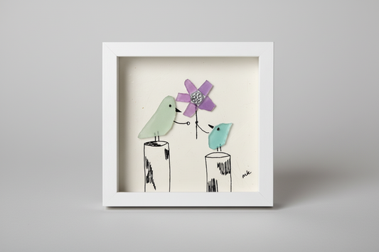 Seaglass Shadow Boxes - Birds with Flower - 5x5  