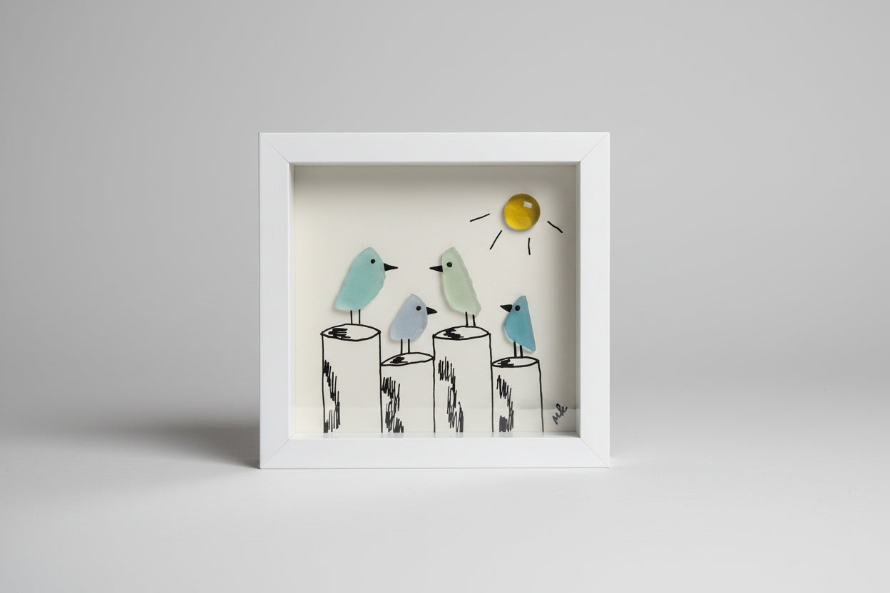 Seaglass Shadow Boxes - Birds on Pilings - 5x5   