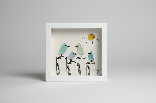 Seaglass Shadow Boxes - Birds on Pilings - 5x5   