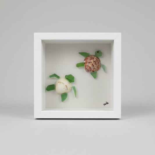 Seaglass Baby Sea Turtles Shadow Box | Handmade Coastal Art | 5x5