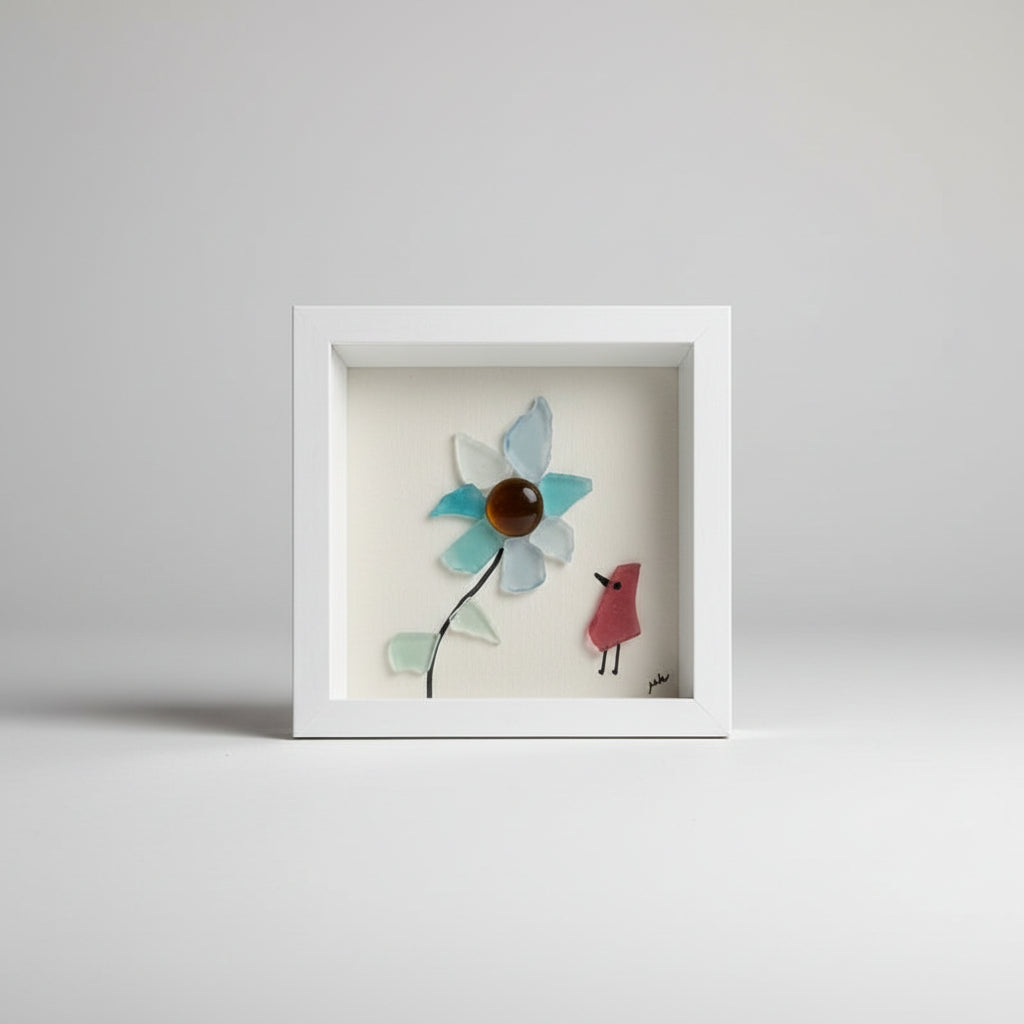 Seaglass Shadow Boxes - Flower with Bird - 5x5   