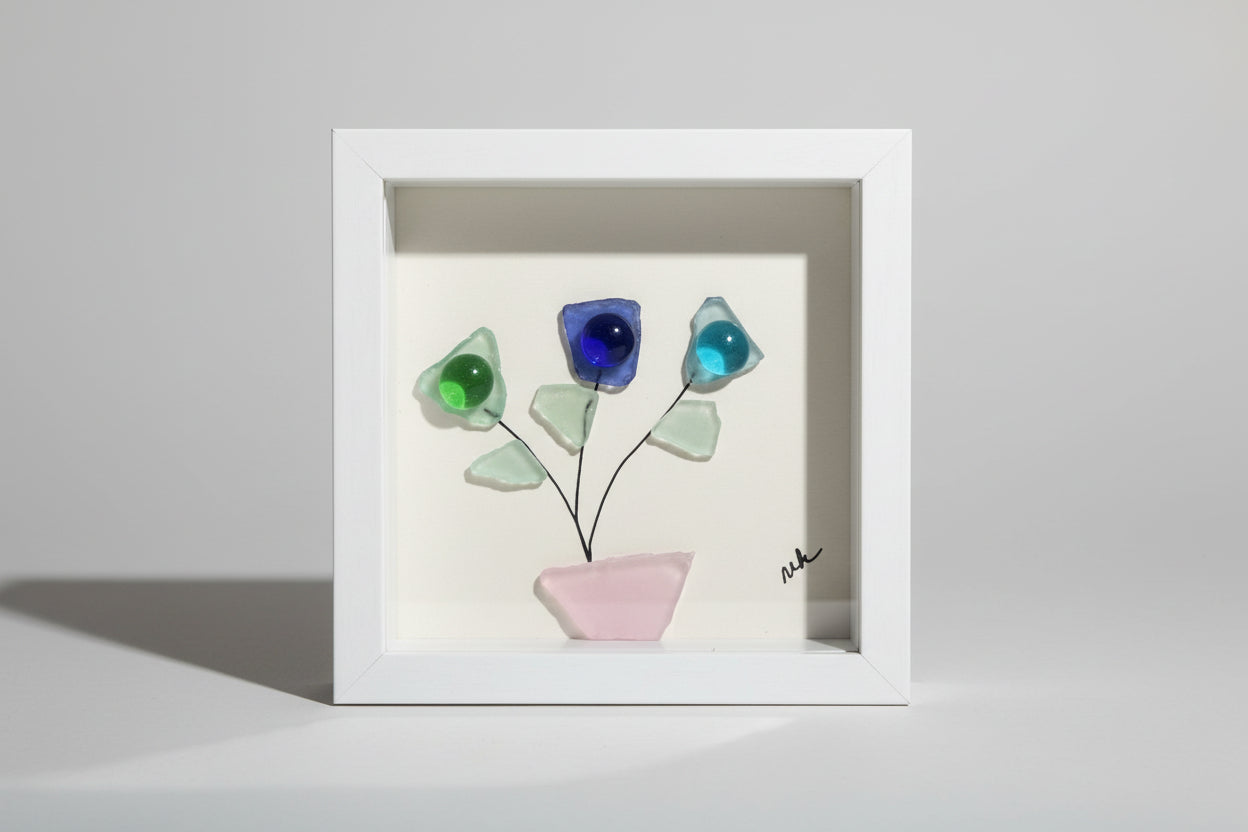 Seaglass Shadow Boxes - Flower Pot - 5x5  