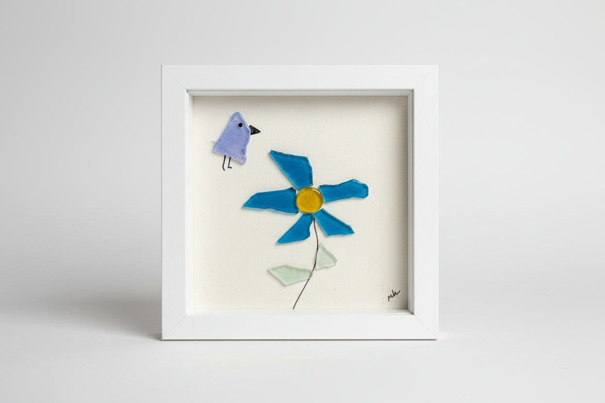 Seaglass Shadow Boxes - Flower with Bird - 5x5   