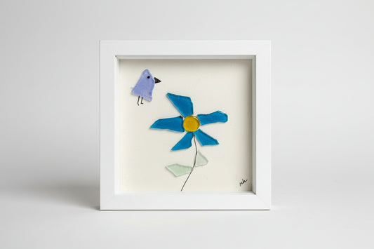 Seaglass Shadow Boxes - Flower with Bird - 5x5   