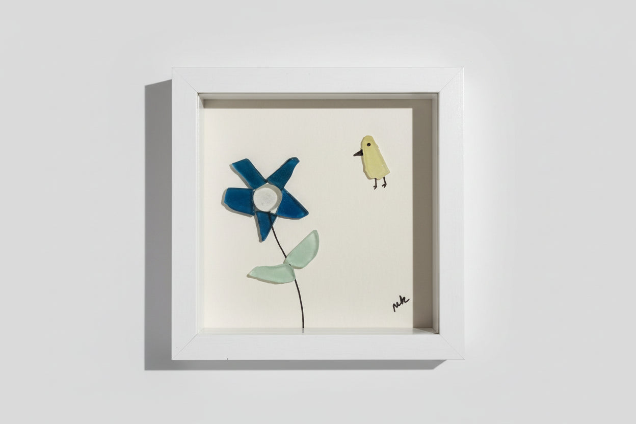 Seaglass Shadow Boxes - Flower with Bird - 5x5   